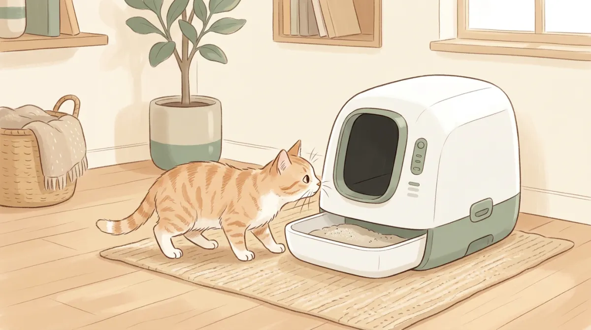 Chat qui découvre sa nouvelle litière automatique
