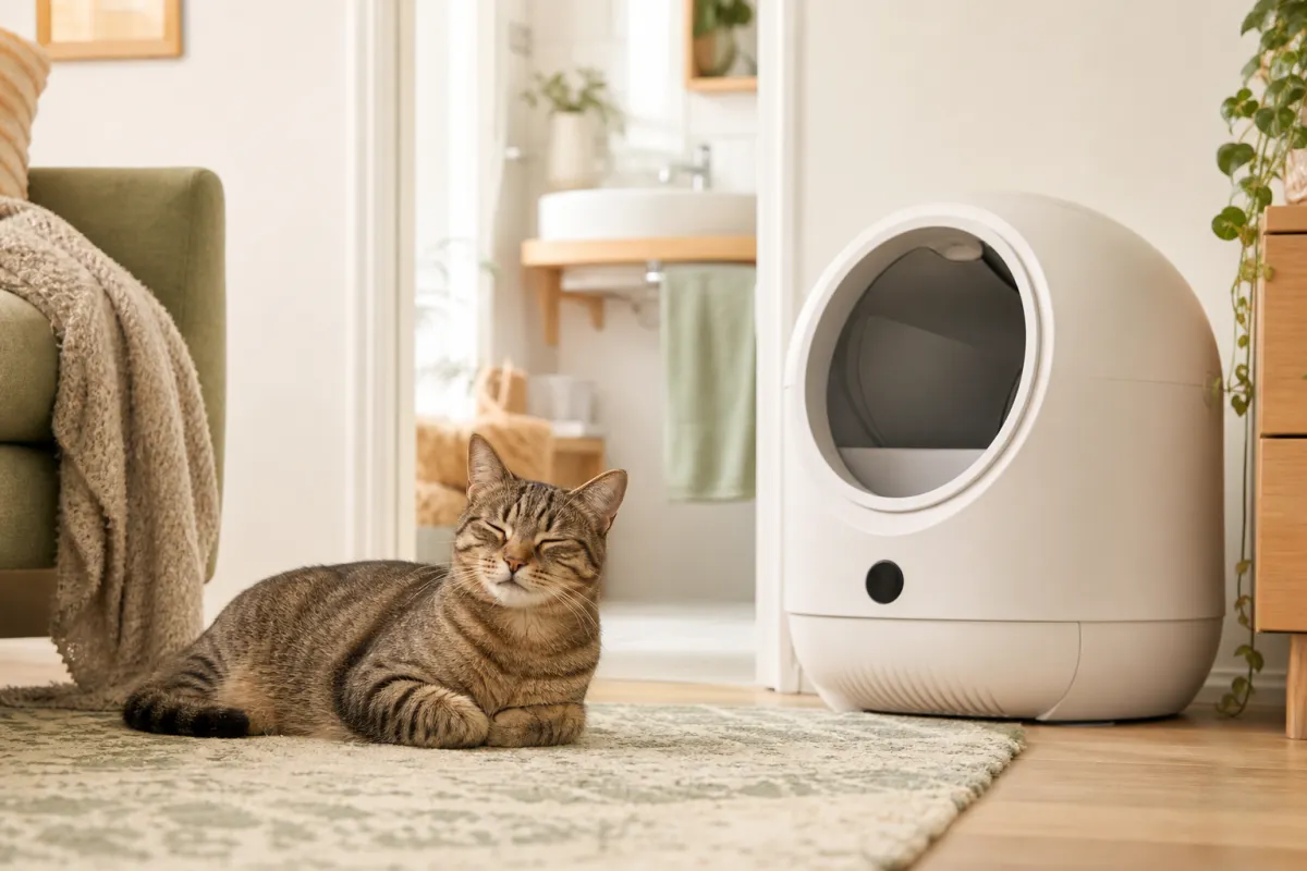 Chat détendu près d'une litière automatique