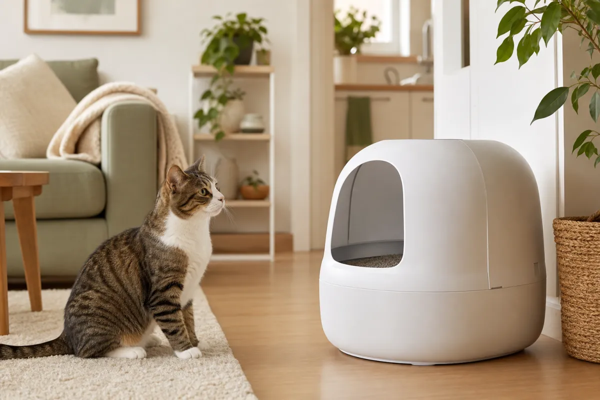Litière automatique abordable dans un petit appartement cosy, avec un chat curieux