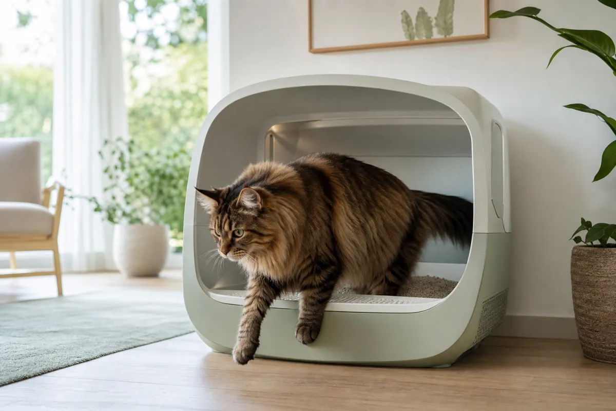 Maine Coon entrant dans une litière automatique spacieuse