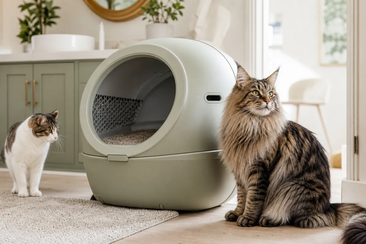 Litière automatique grande capacité dans une maison avec deux chats dont un Maine Coon