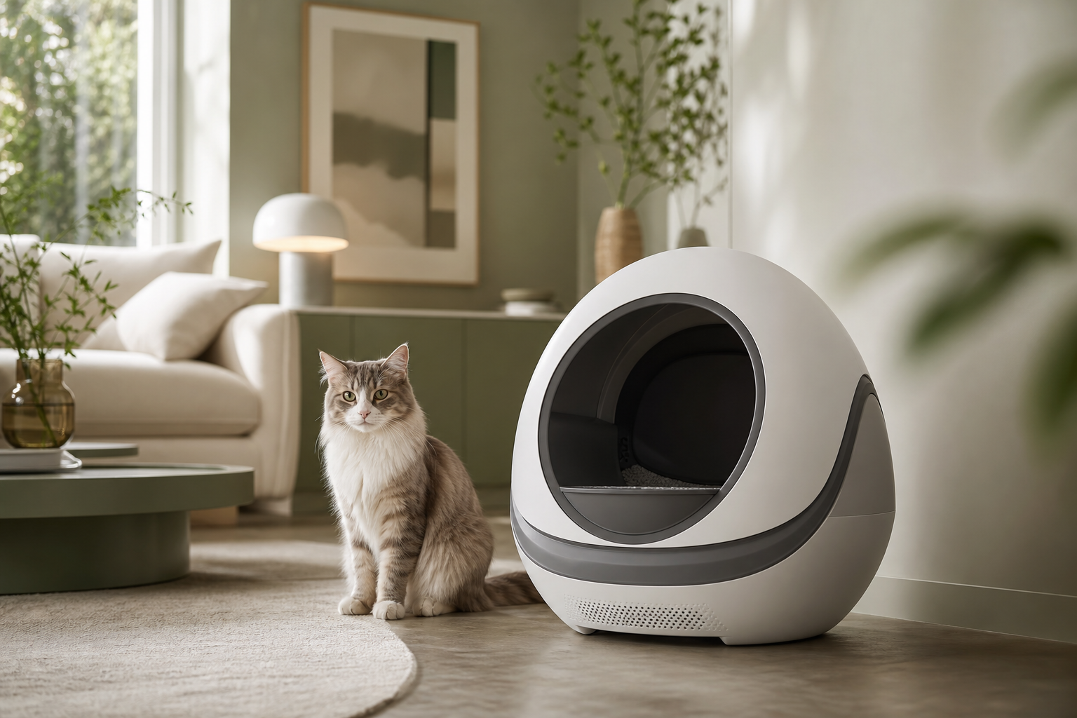 Litière automatique moderne dans un salon lumineux, avec un chat à proximité