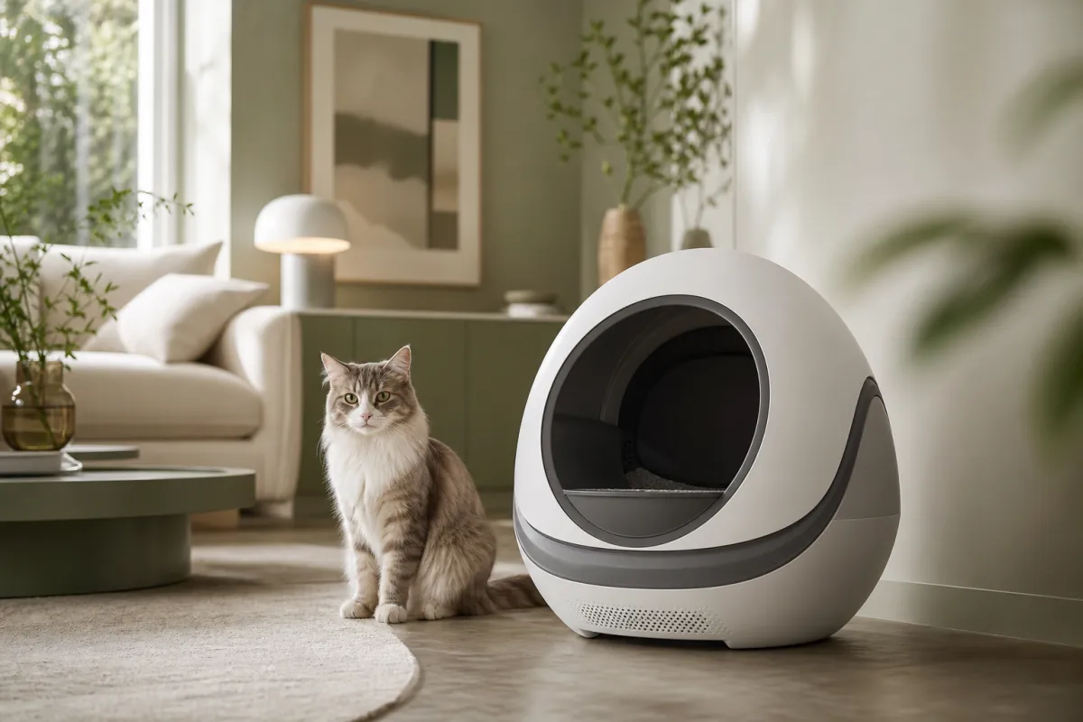 Litière automatique moderne dans un salon lumineux, avec un chat à proximité