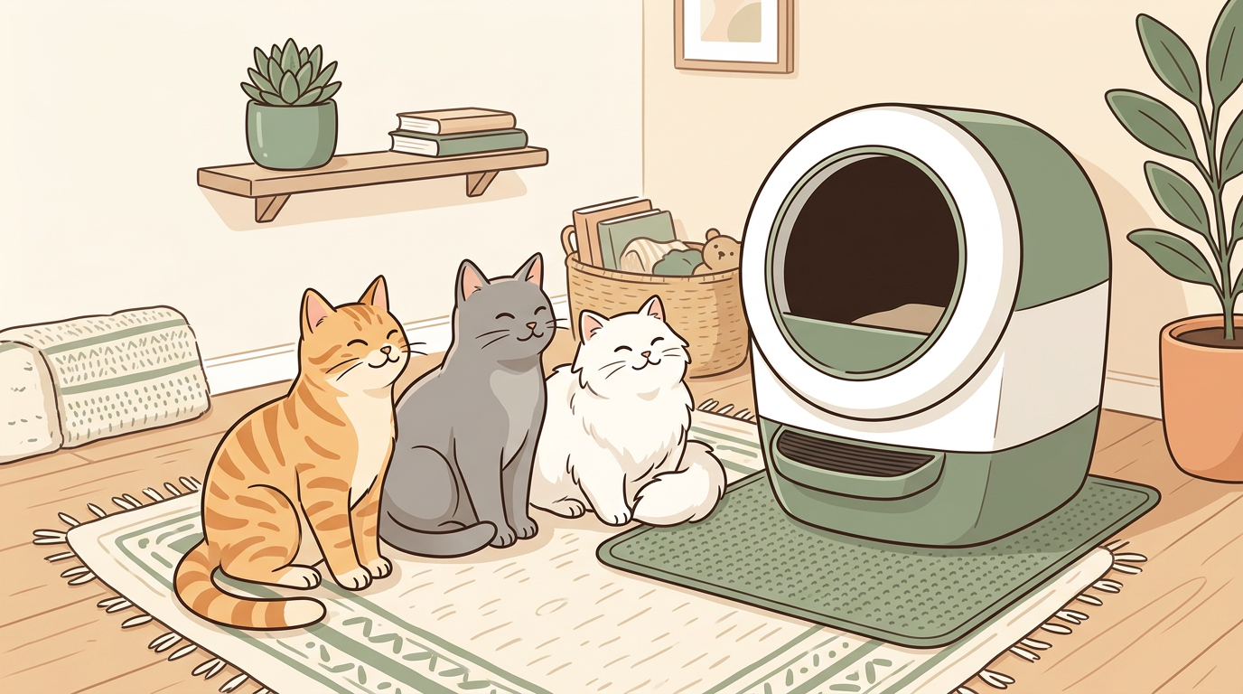 Plusieurs chats autour d'une litière automatique dans un intérieur cosy