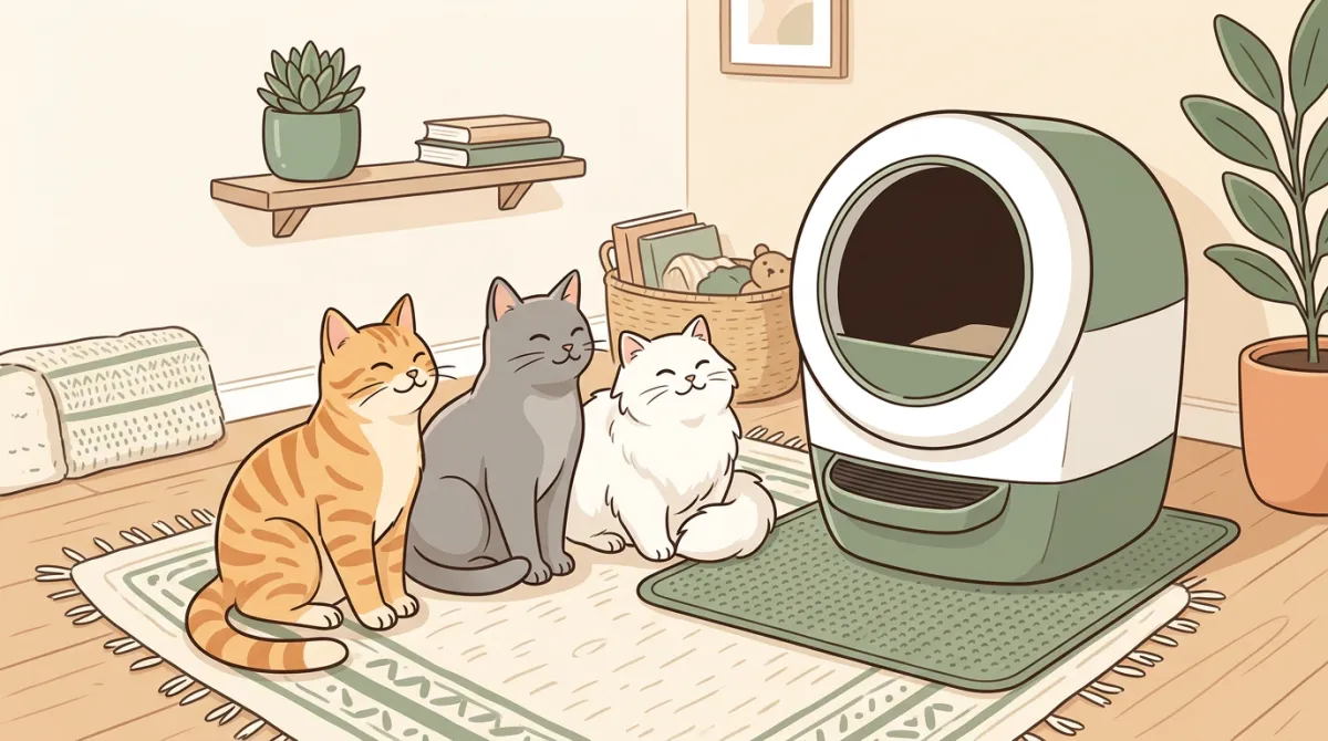 Plusieurs chats autour d'une litière automatique dans un intérieur cosy