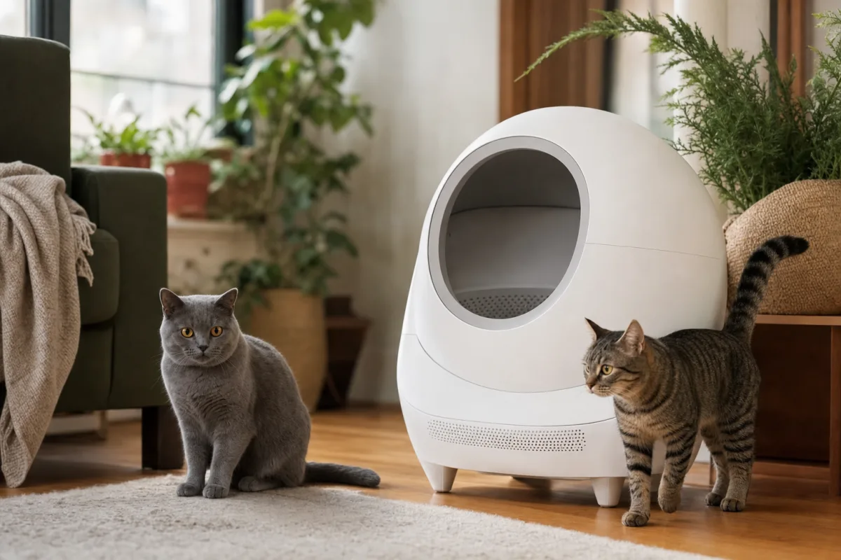 Chaton et litière automatique à la maison