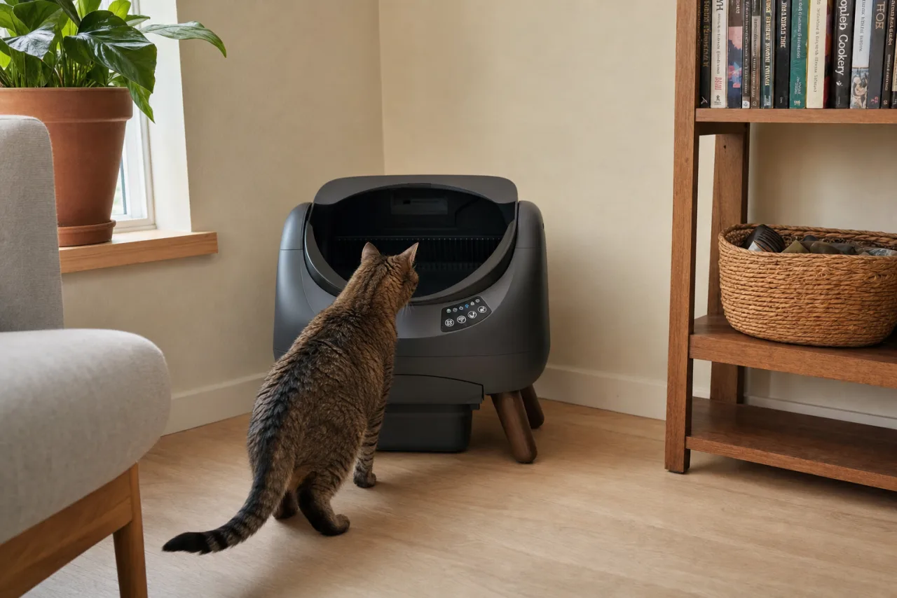 CATLINK : litière automatique pour chat installée à la maison, avec un chat à côté