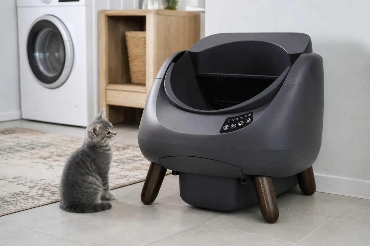 Chat près de la litière automatique CATLINK dans un intérieur lumineux
