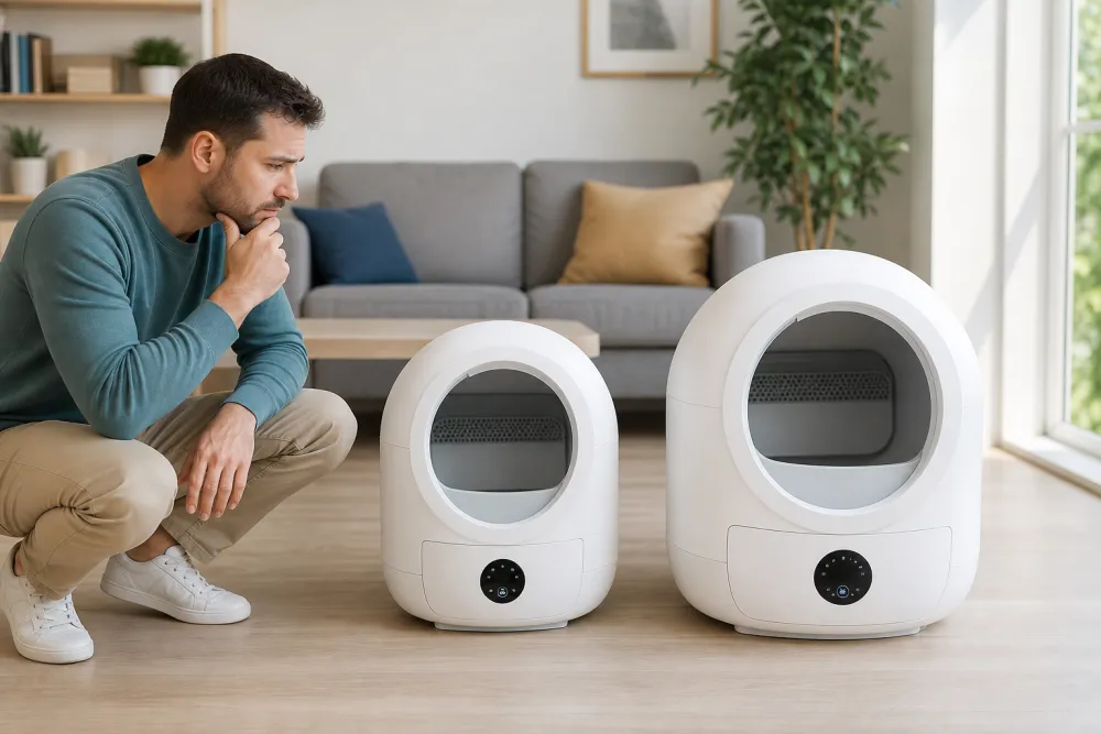Personne comparant deux litières automatiques de tailles différentes pour faire son choix