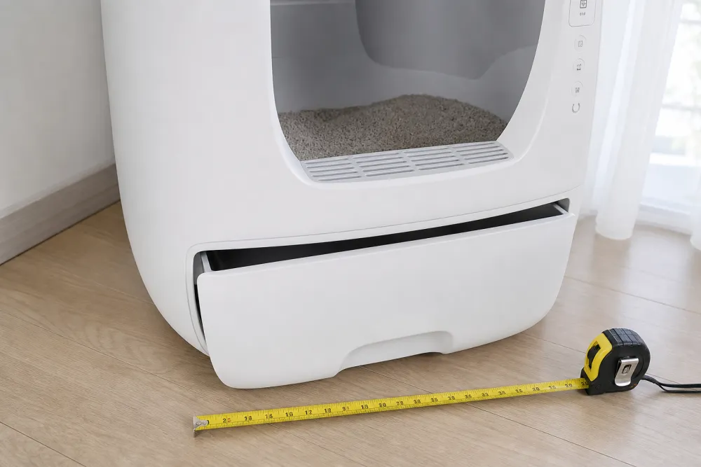 Litière automatique avec un mètre ruban illustrant la vérification des dimensions