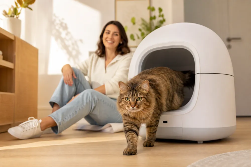 Chat satisfait sortant d'une litière automatique bien choisie, propriétaire souriante en arrière-plan