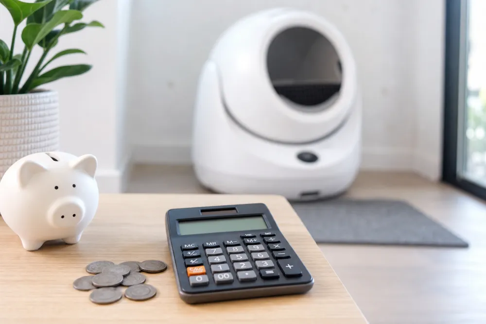 Calculatrice, pièces et tirelire devant une litière automatique pour estimer le budget