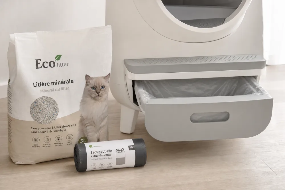 Sac de litière minérale et rouleau de sacs poubelles à côté d'un tiroir de litière automatique