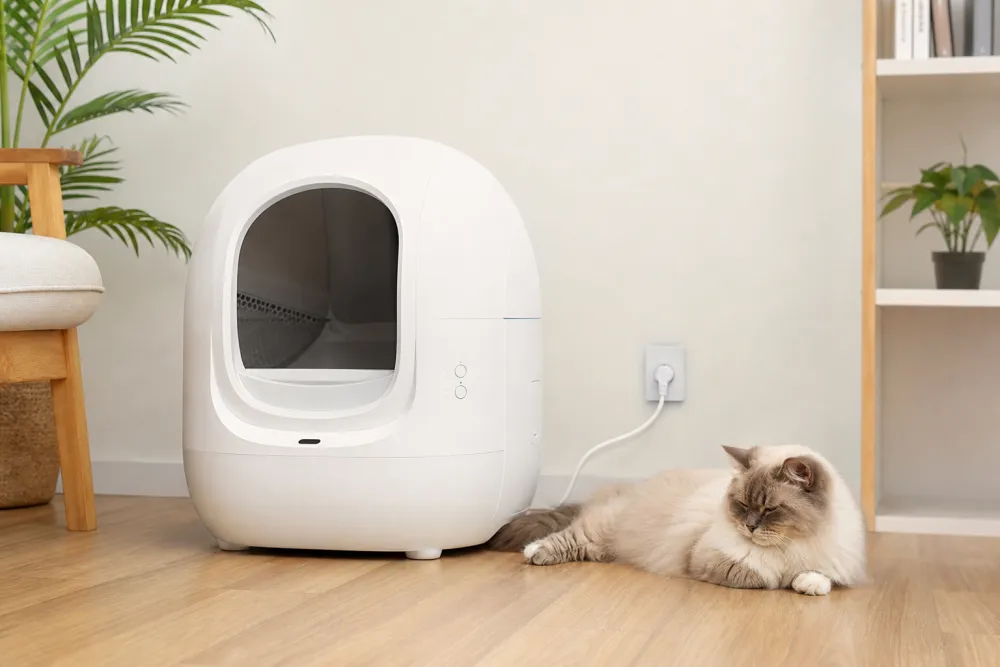 Litière automatique blanche branchée sur une prise murale avec un chat à proximité