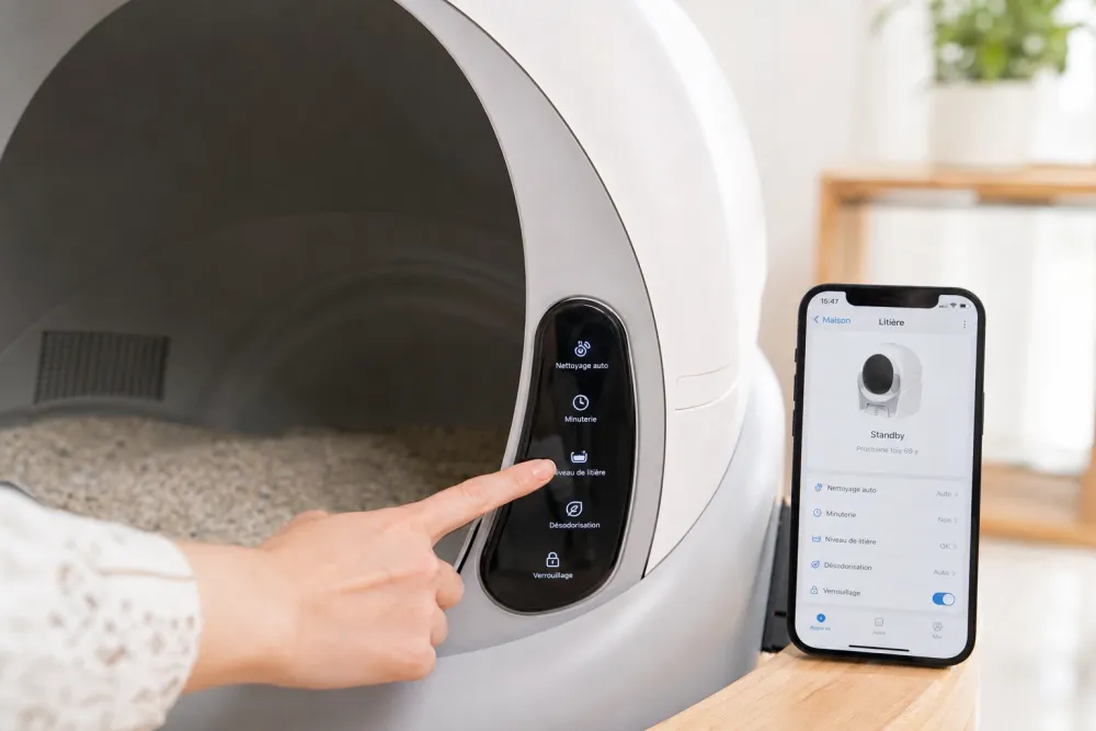 Main réglant le panneau de contrôle tactile d'une litière automatique avec application mobile