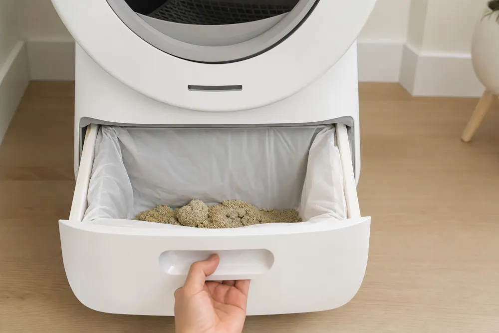 Tiroir à déchets d'une litière automatique ouvert, révélant un sac propre collectant les déchets