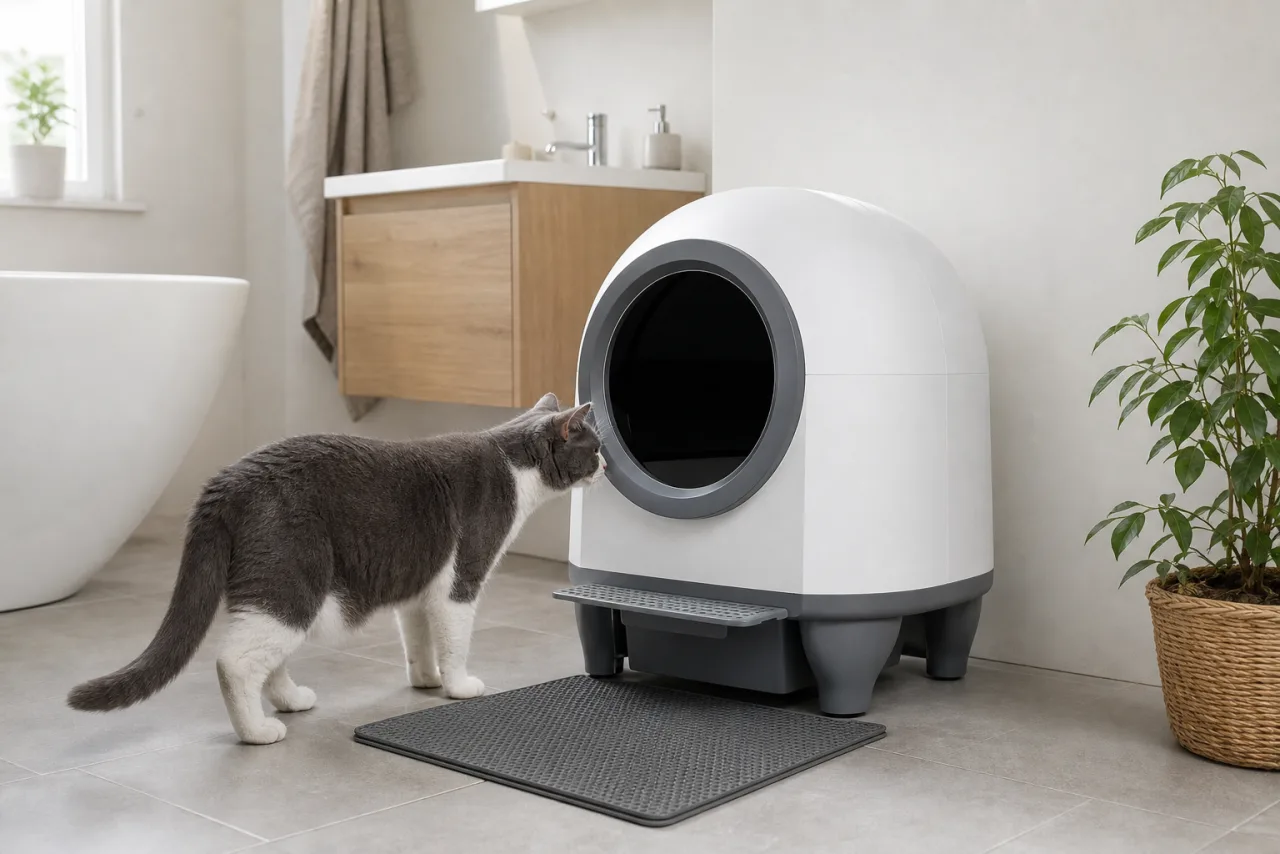 Devoko : litière automatique pour chat installée à la maison, avec un chat à côté