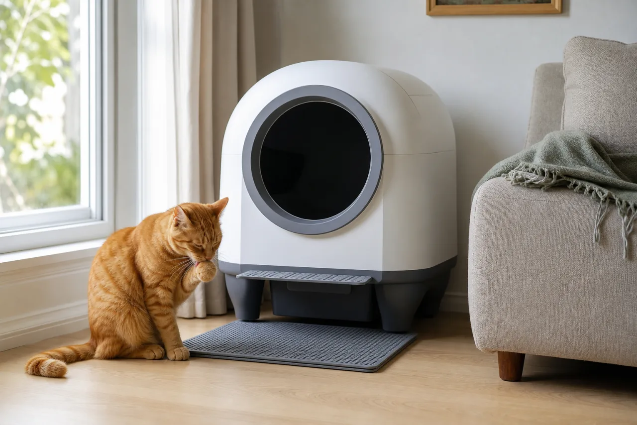 Chat près de la litière automatique Devoko dans un intérieur lumineux