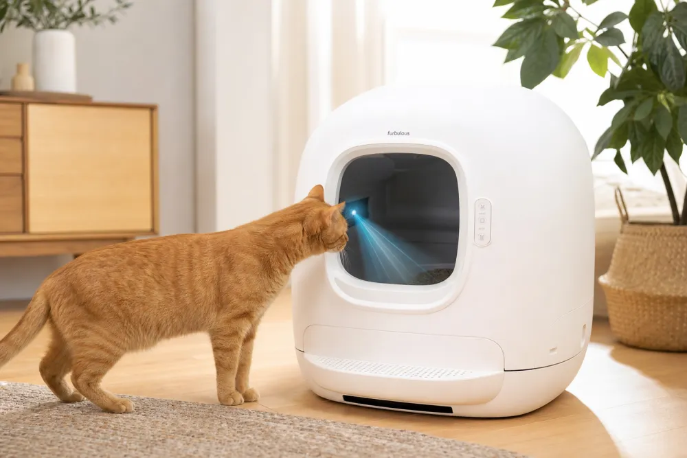 Chat s'approchant de l'entrée d'une litière automatique équipée de capteurs de sécurité