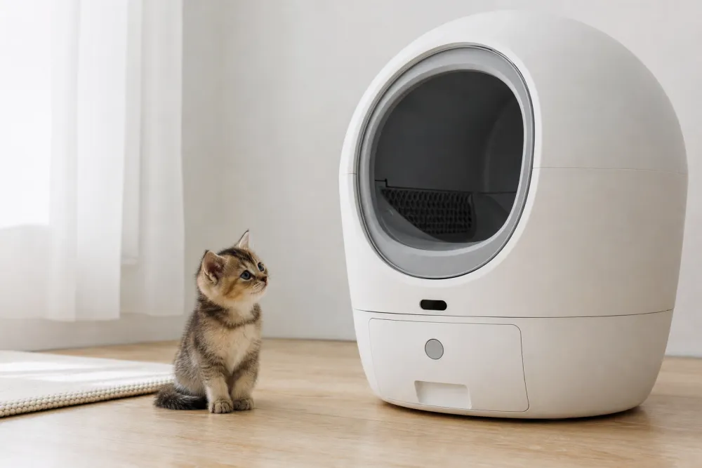 Petit chaton curieux assis à côté d'une litière automatique éteinte