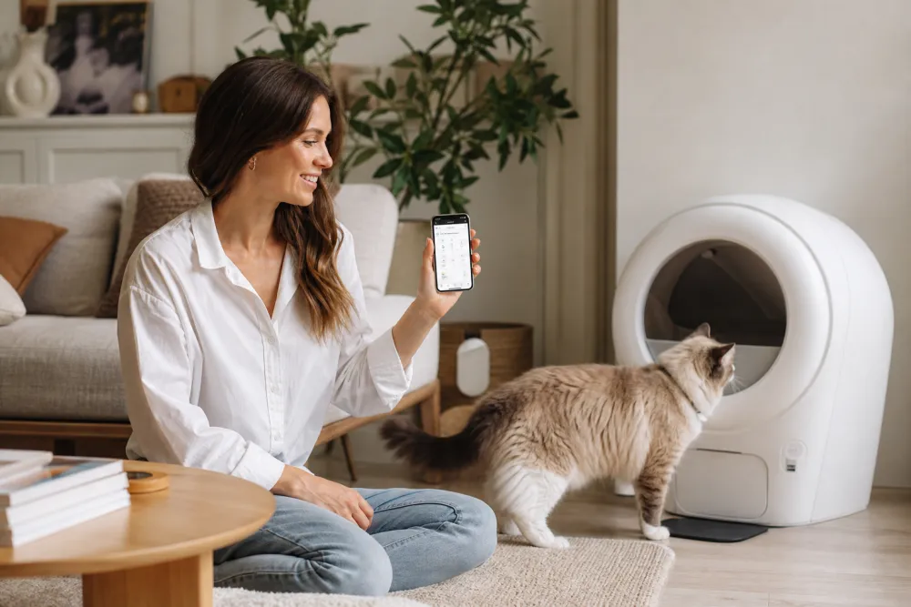 Femme détendue consultant l'application de sa litière automatique pendant que son chat s'approche