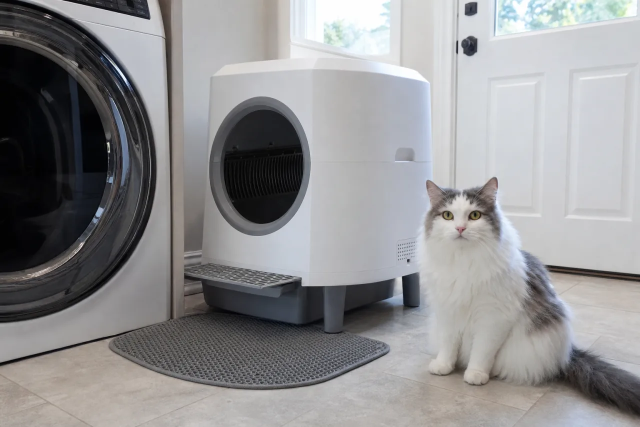 Ellenpent AutoClean : litière automatique pour chat installée à la maison, avec un chat à côté