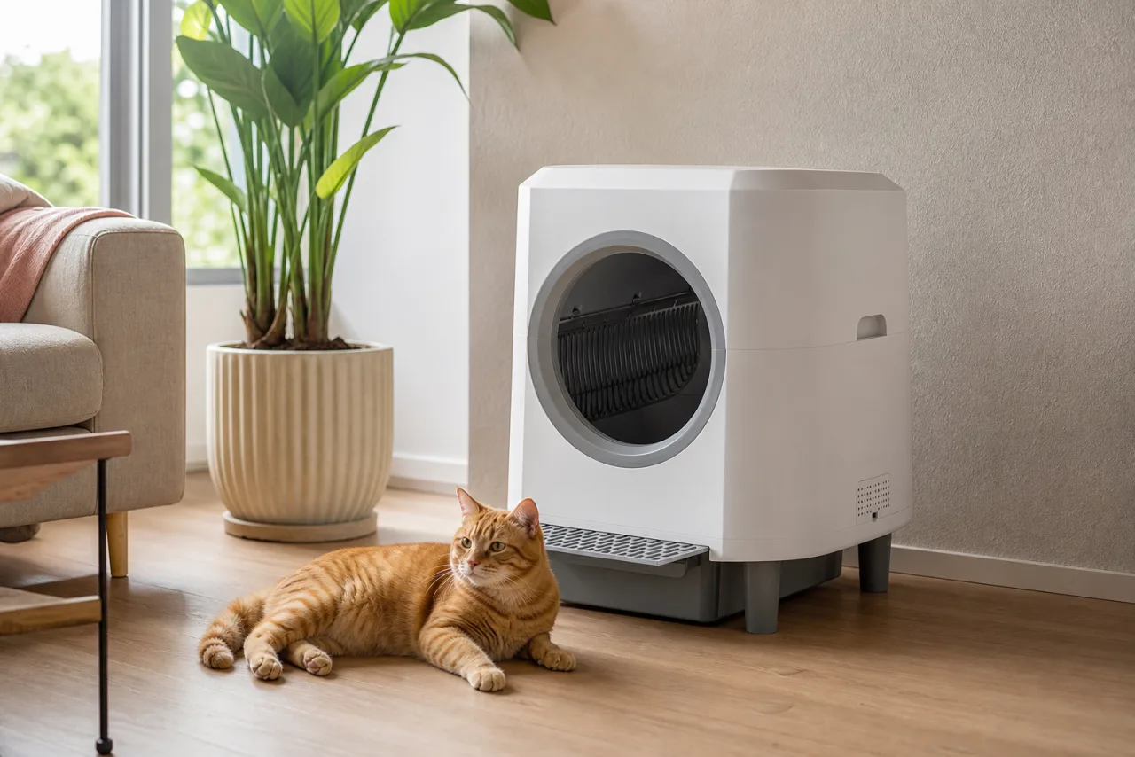 Chat près de la litière automatique Ellenpent AutoClean dans un intérieur lumineux