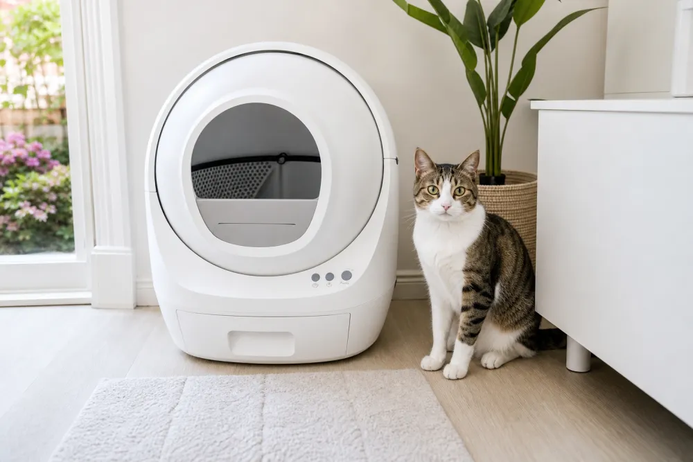 Litière automatique impeccable et étincelante de propreté avec un chat assis à côté
