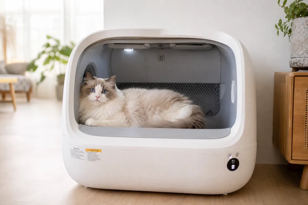 Grand chat Ragdoll confortablement installé dans une spacieuse litière automatique au design ouvert