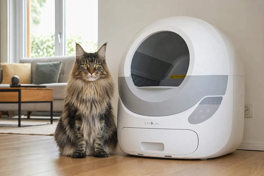 Grand chat Maine Coon assis à côté d'une grande litière automatique XXL dans un salon