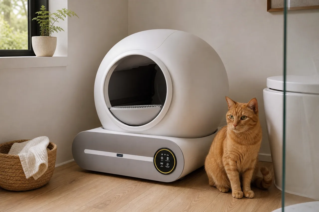 GESEILAY XXL : litière automatique pour chat installée à la maison, avec un chat à côté