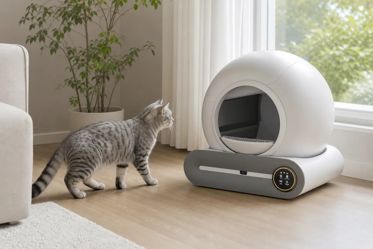 Chat près de la litière automatique GESEILAY XXL dans un intérieur lumineux