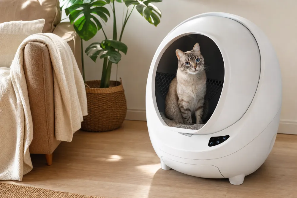 Chat détendu et confiant utilisant sereinement sa litière automatique