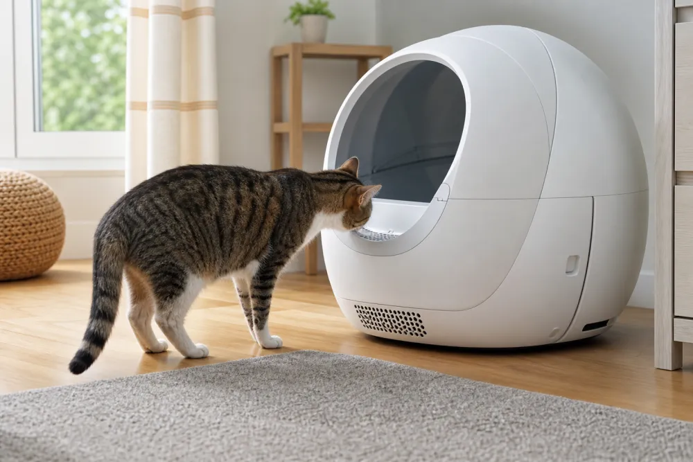 Chat curieux et hésitant reniflant l'entrée d'une litière automatique neuve et éteinte