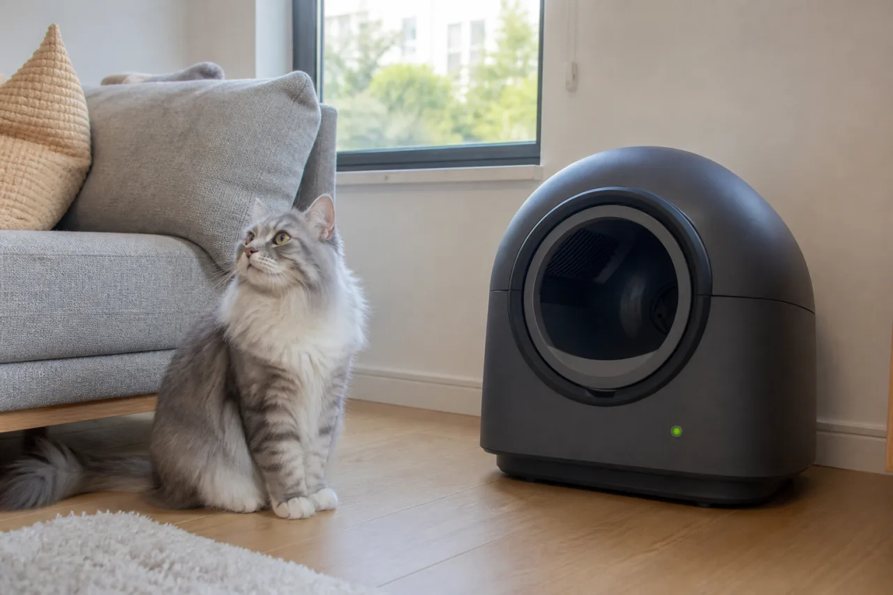 HHOlove TYPro : litière automatique pour chat installée à la maison, avec un chat à côté
