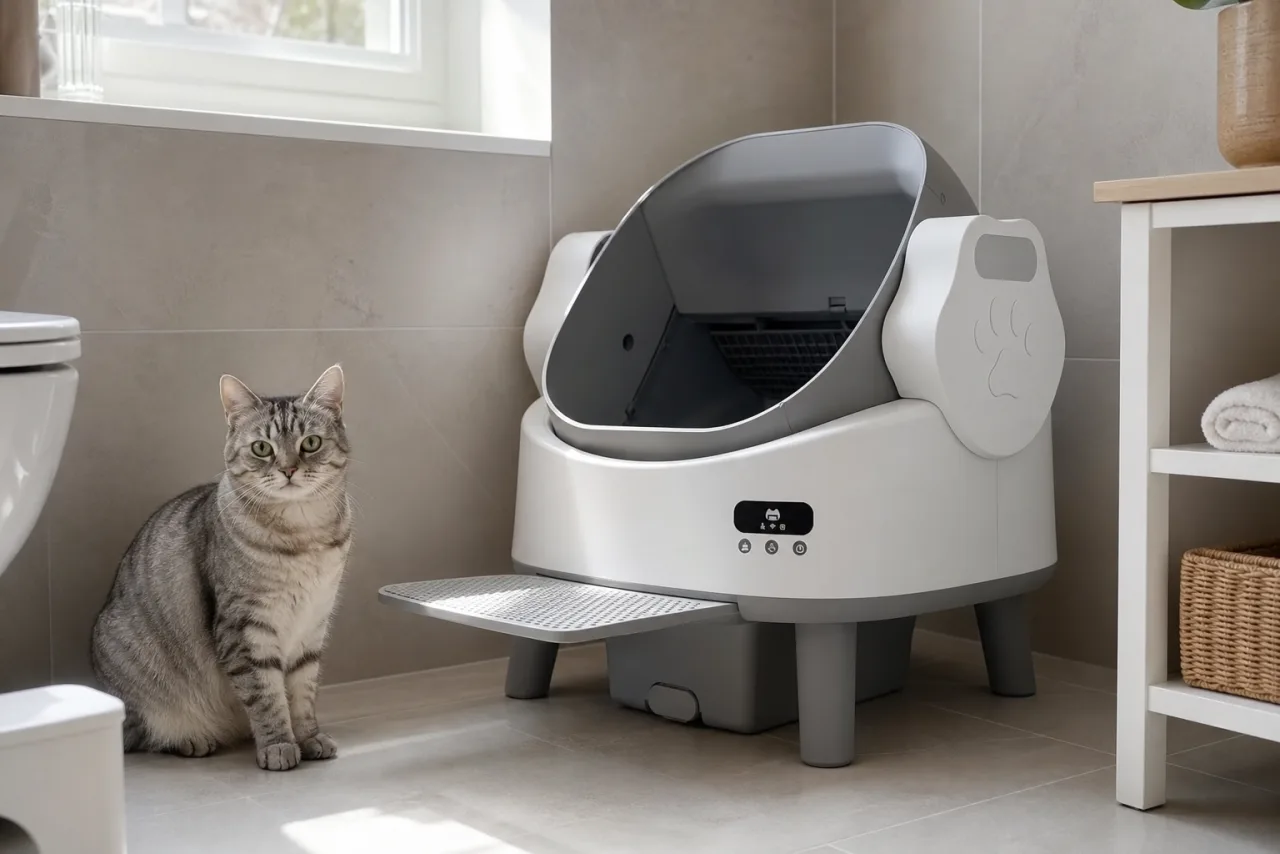 JUMMICO : litière automatique pour chat installée à la maison, avec un chat à côté