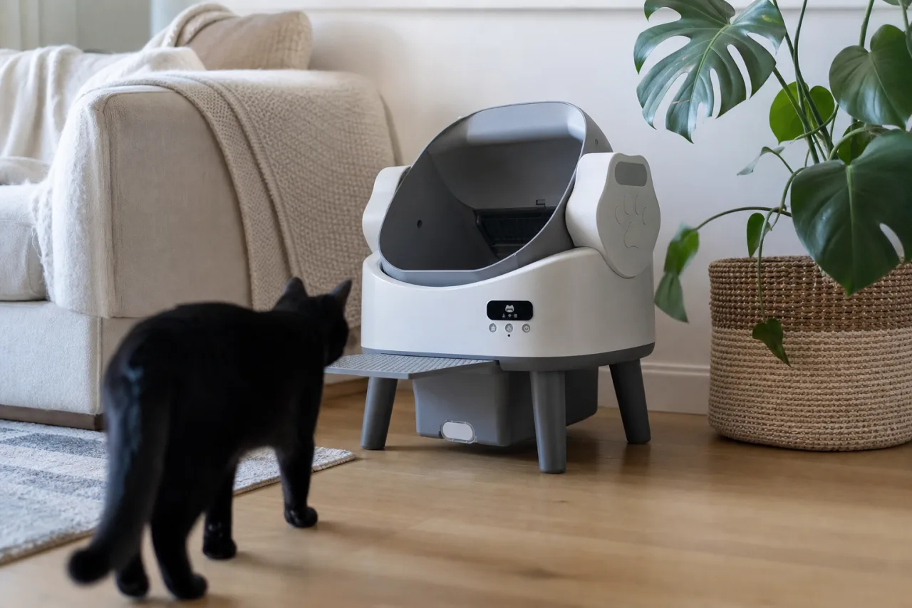 Chat près de la litière automatique JUMMICO dans un intérieur lumineux