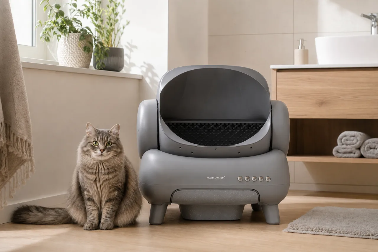 Neakasa M1 : litière automatique pour chat installée à la maison, avec un chat à côté