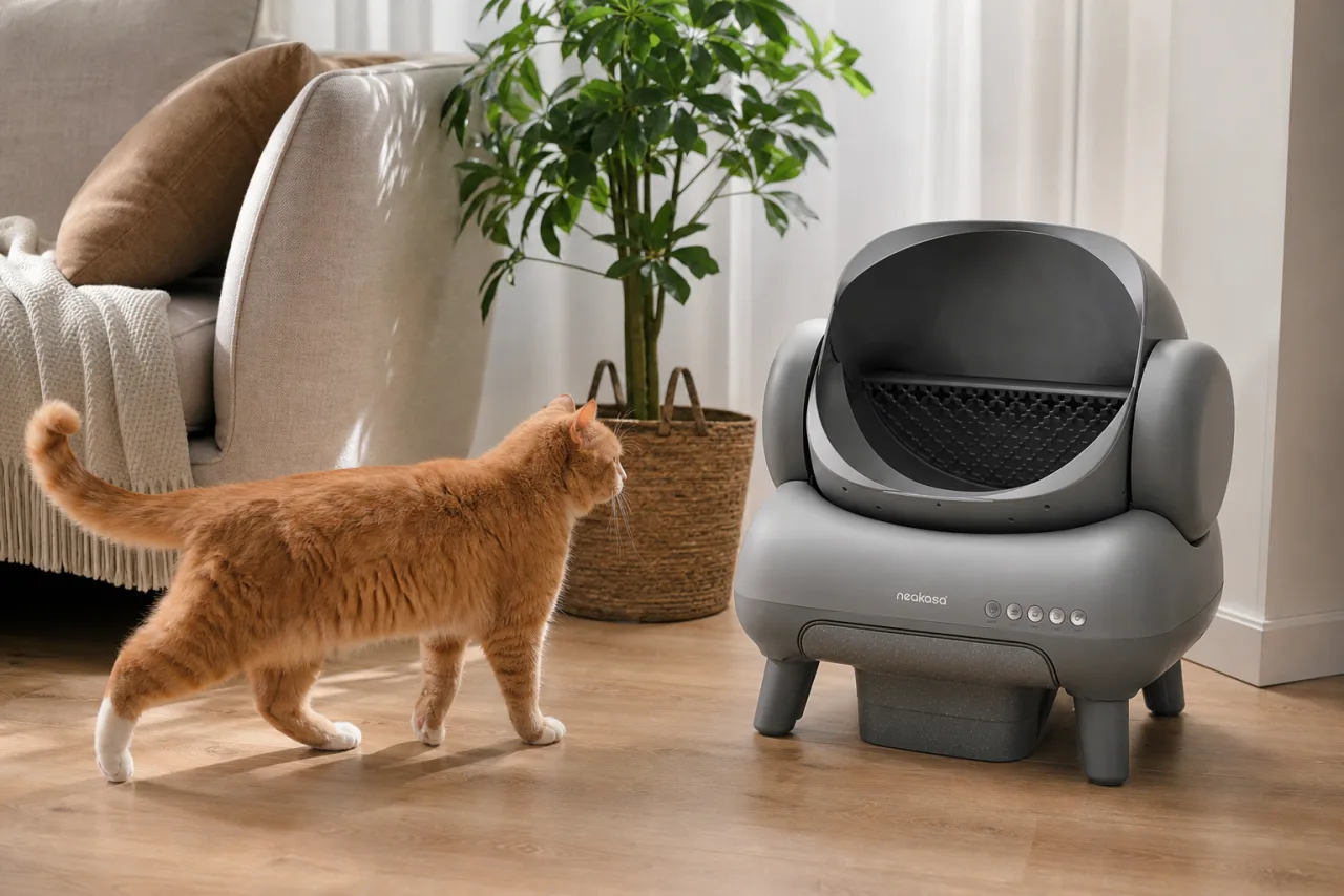 Chat près de la litière automatique Neakasa M1 dans un intérieur lumineux