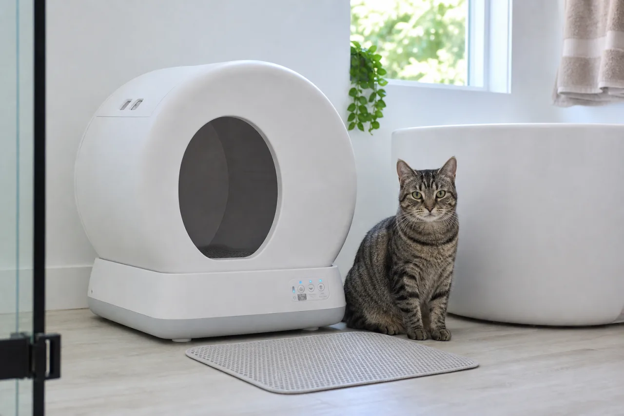 MeoWant : litière automatique pour chat installée à la maison, avec un chat à côté