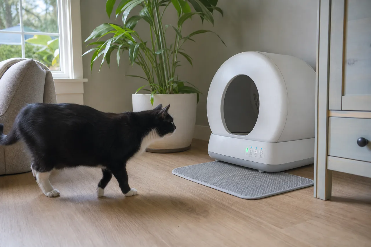 Chat près de la litière automatique MeoWant dans un intérieur lumineux