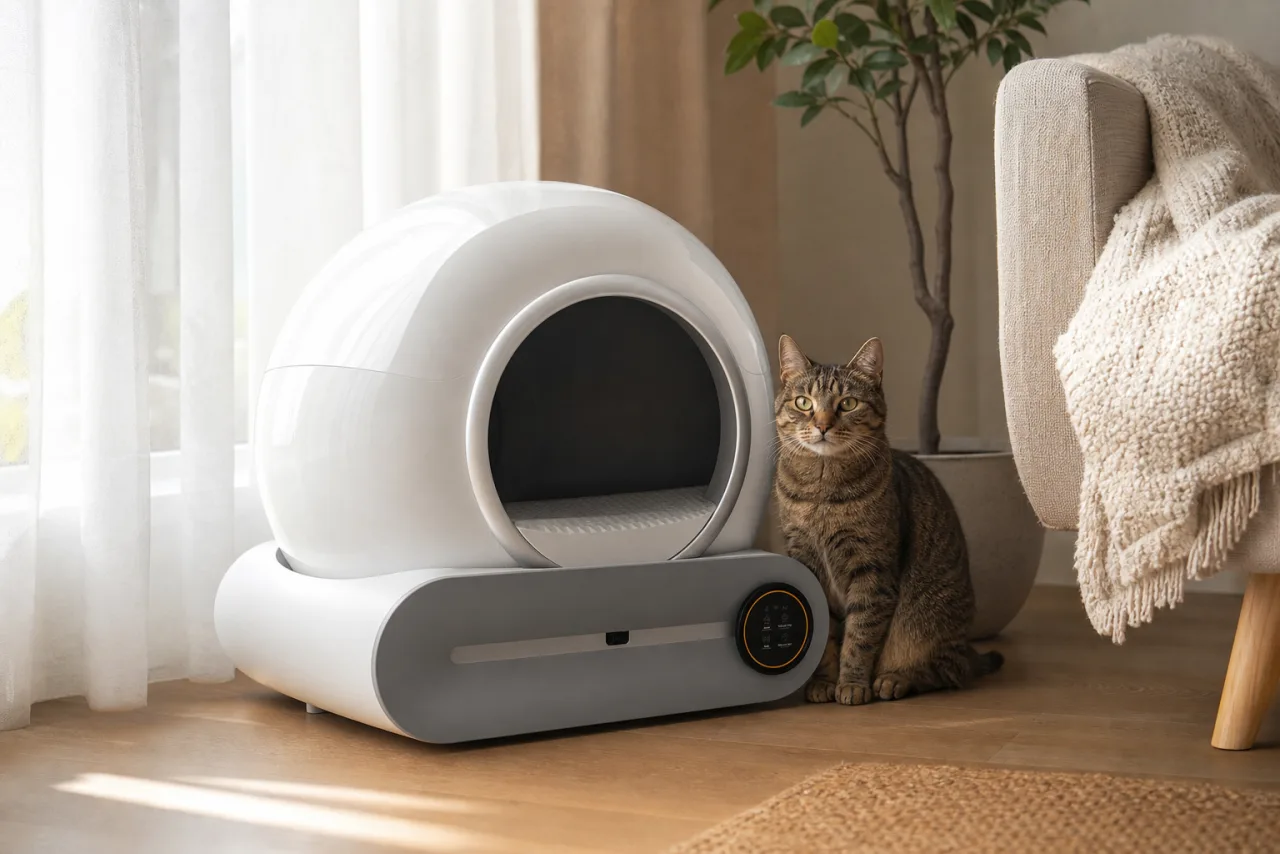 Najkygay XXL : litière automatique pour chat installée à la maison, avec un chat à côté