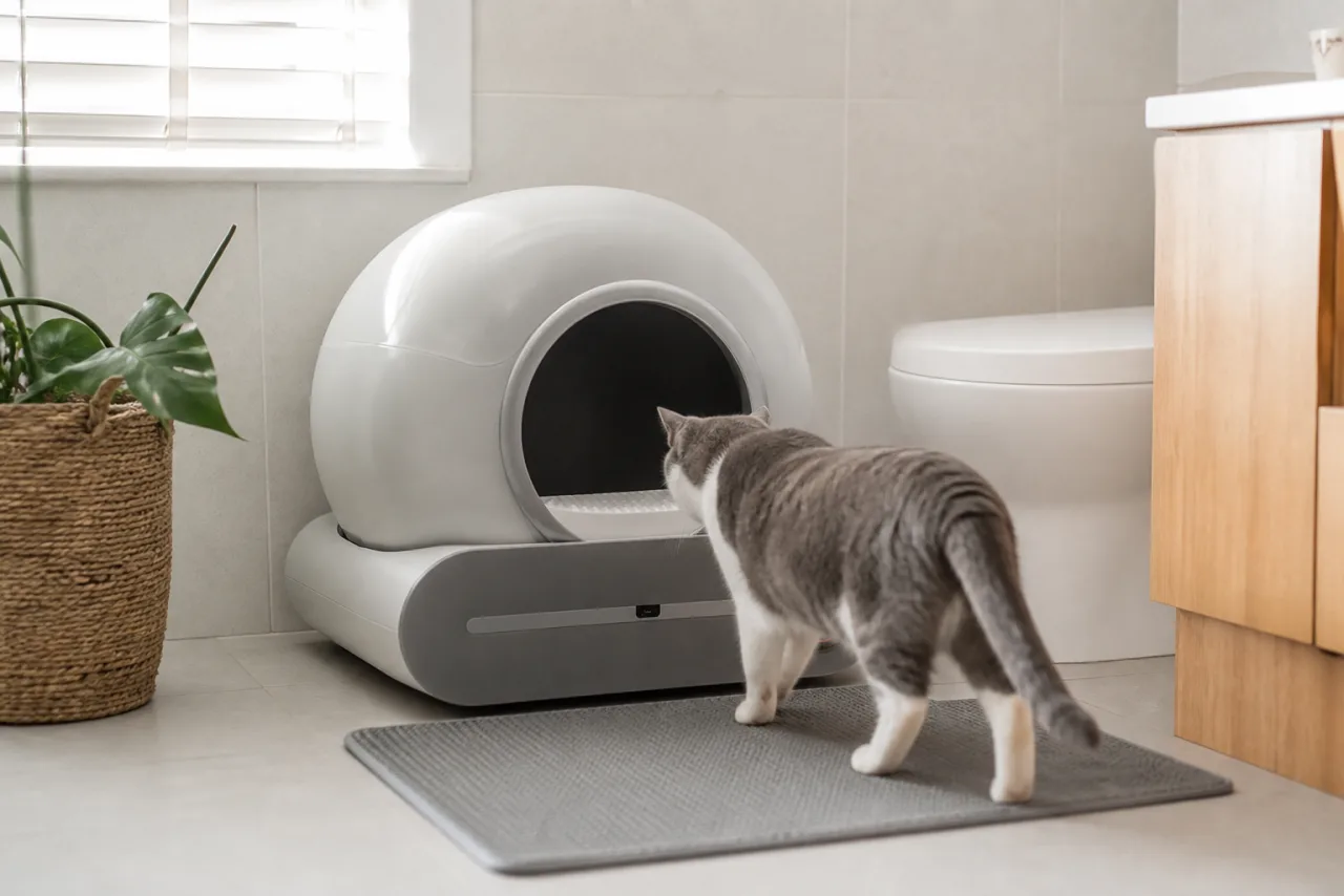 Chat près de la litière automatique Najkygay XXL dans un intérieur lumineux
