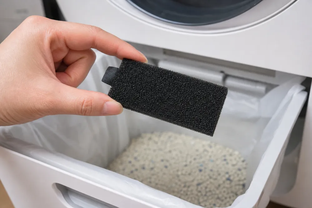 Filtre à charbon actif noir d'une litière automatique tenu au-dessus du tiroir à déchets