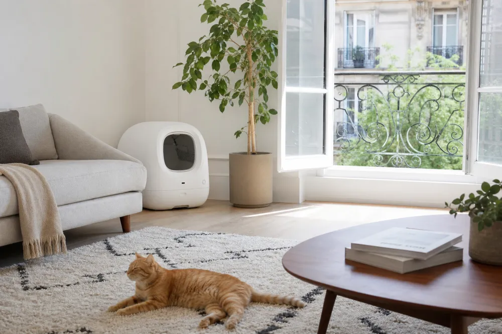 Salon lumineux et frais avec une litière automatique discrète et un chat détendu