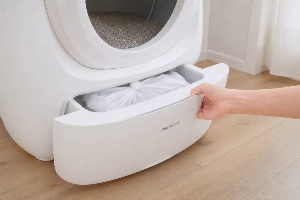 Tiroir à déchets hermétique d'une litière automatique avec un sac scellé à l'intérieur