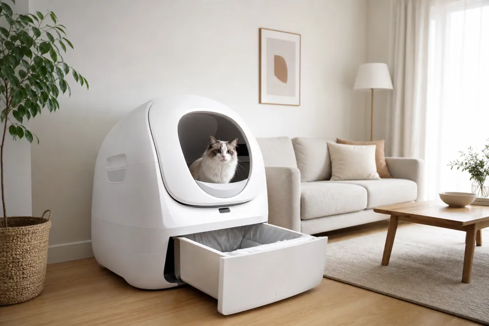 Grande litière automatique de très grande capacité avec son tiroir à déchets ouvert