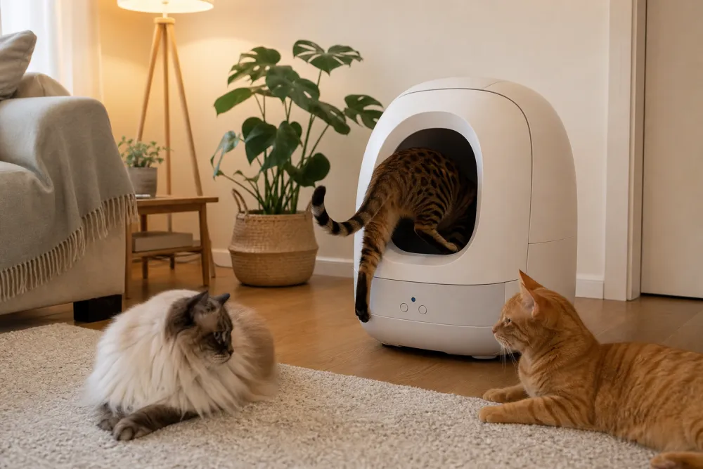 Foyer avec trois chats, l'un utilisant une litière automatique, les autres détendus à proximité