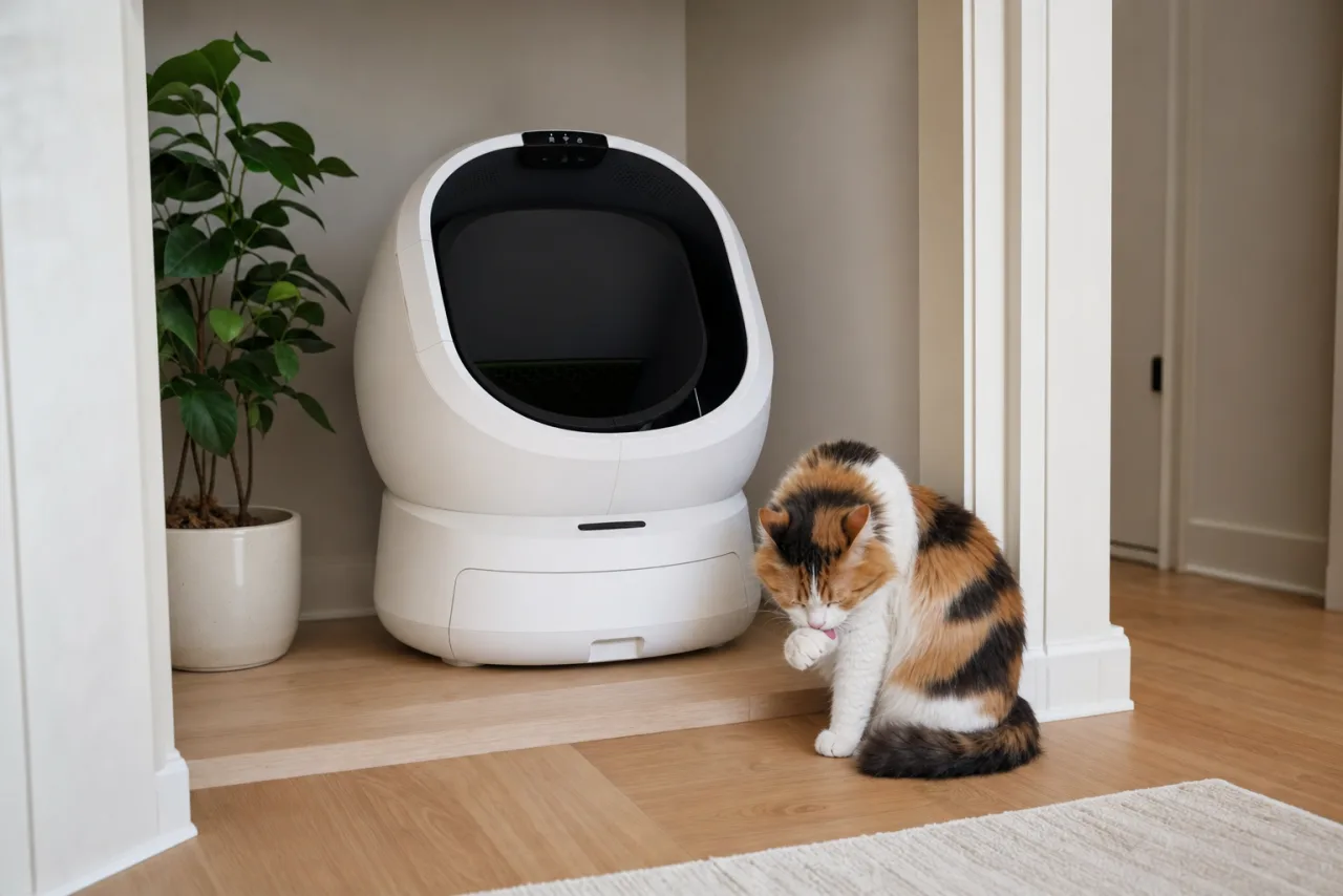 PETLIBRO Luma Luxe : litière automatique pour chat installée à la maison, avec un chat à côté