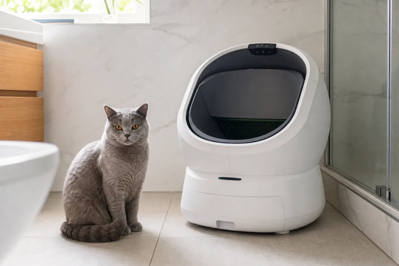 Chat près de la litière automatique PETLIBRO Luma Luxe dans un intérieur lumineux